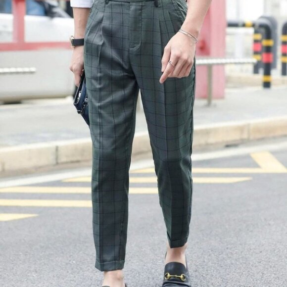 Green Preppy Men's Grid Tailored Pants - Picture 6 of 8